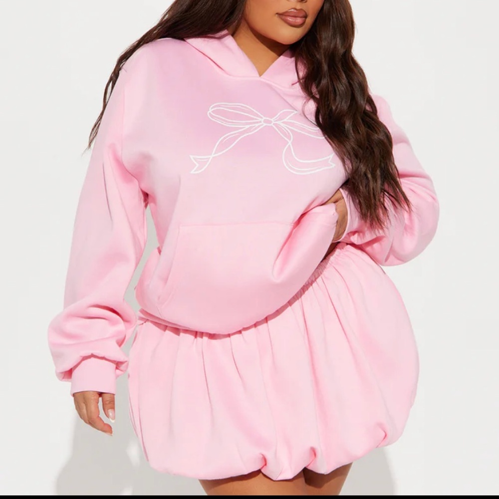 Fashion Nova Pink Bow Hoodie Sweatshirt and Skirt Set